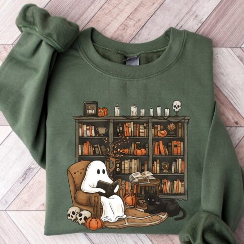 Retro Ghost Reading Books Sweatshirt - Halloween Librarian Teacher Gift - Boo School Shirt image 0