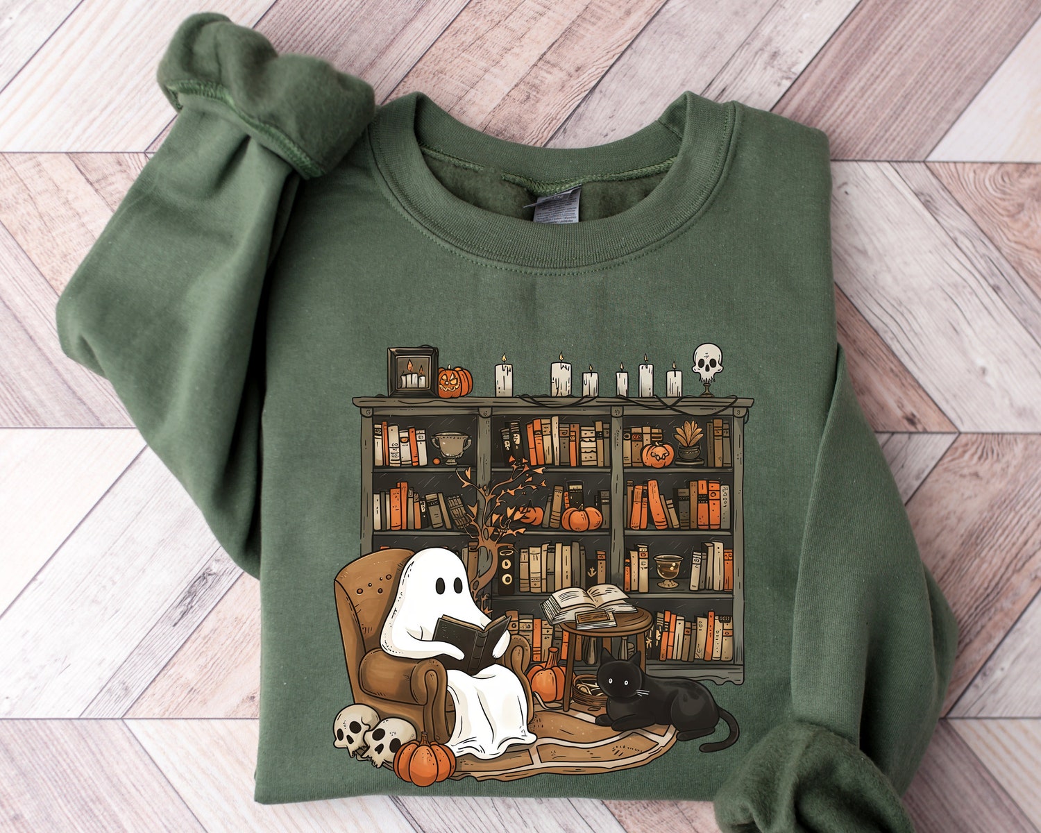 Retro Ghost Reading Books Sweatshirt - Halloween Librarian Teacher Gift - Boo School Shirt image 0
