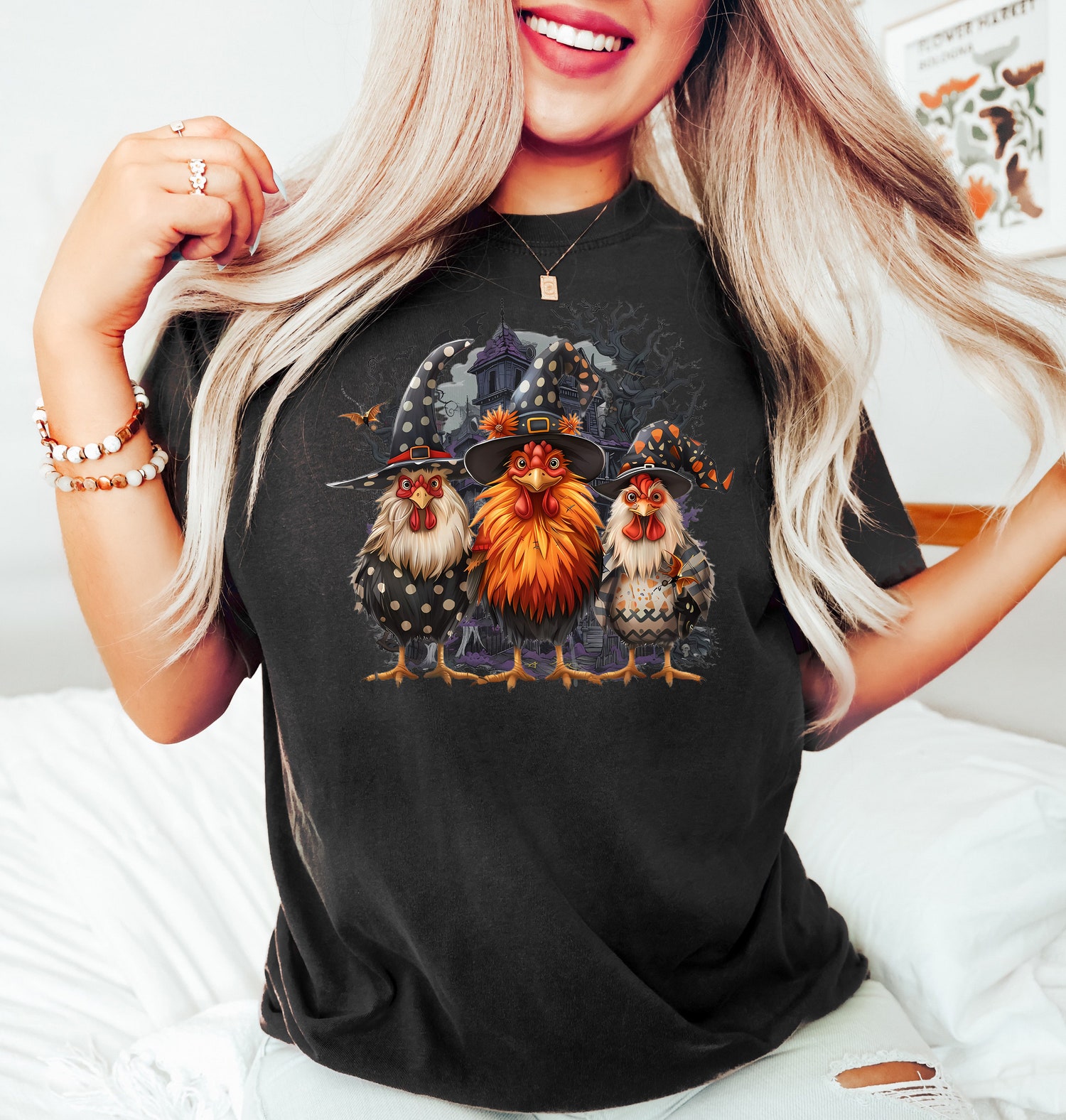 Spooky Chicken Halloween Shirt Western Chicken Lover Tee Halloween Chickens Gift image 3