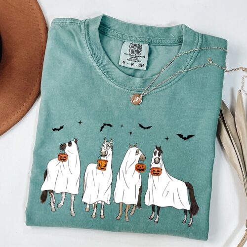 Halloween Horse Shirt Cute Ghost Horse Tee Spooky Horse Lover Gift Cowgirl Western image 0