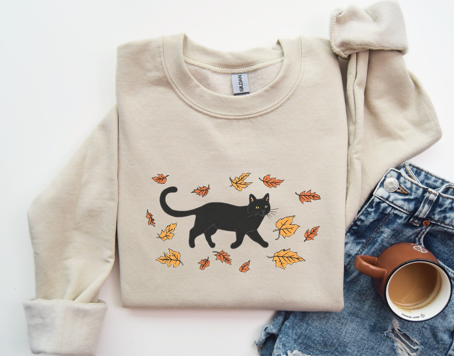 Black Cat Halloween Sweatshirt for Women Cozy Fall Pumpkin Shirt Cute Autumn Apparel image 1