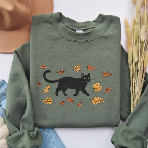 Black Cat Halloween Sweatshirt for Women Cozy Fall Pumpkin Shirt Cute Autumn Apparel image 0