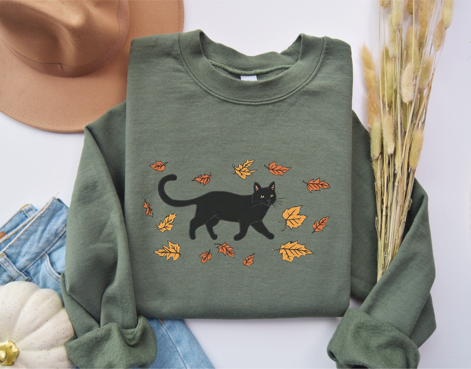 Black Cat Halloween Sweatshirt for Women Cozy Fall Pumpkin Shirt Cute Autumn Apparel image 0