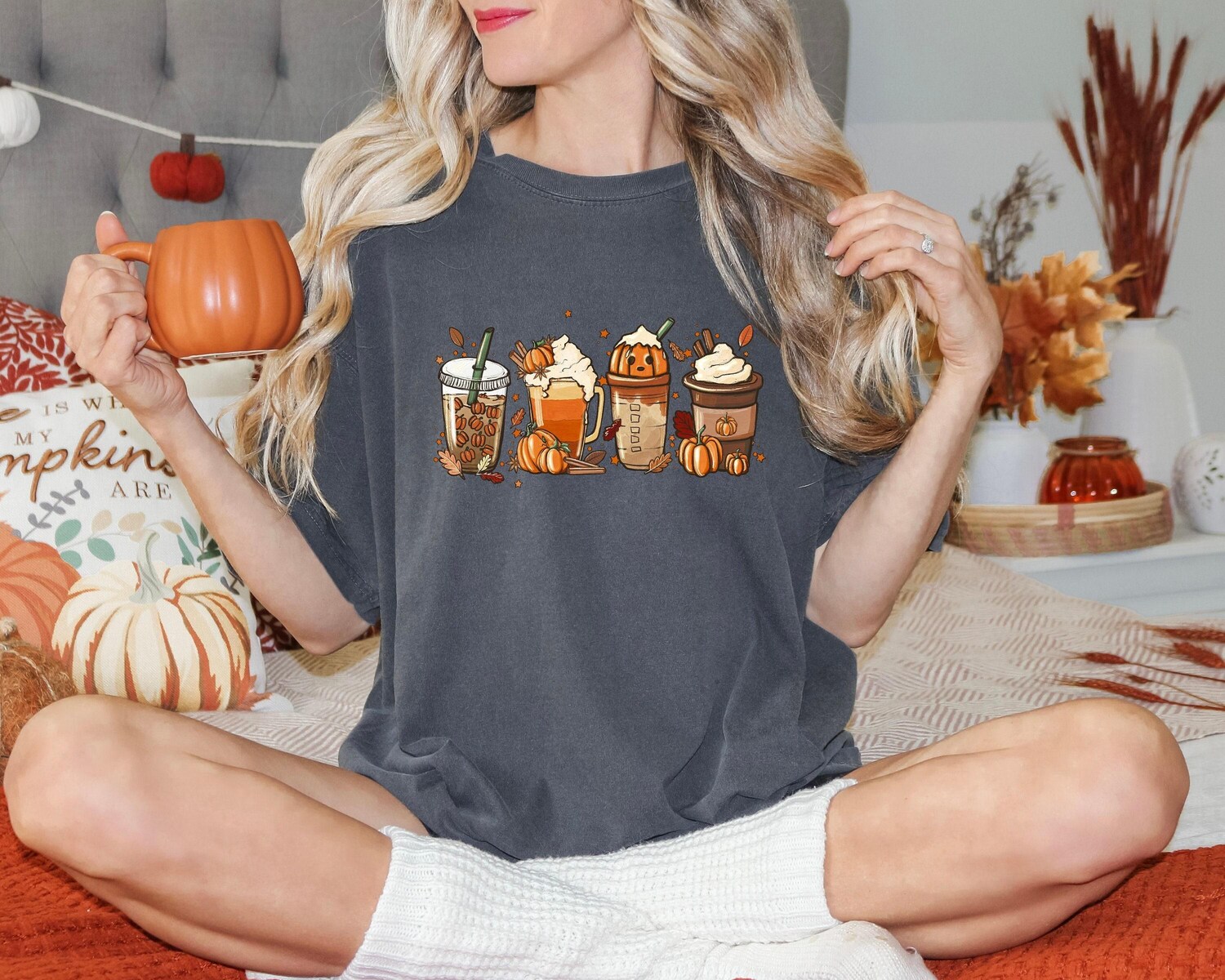 Fall Pumpkin Coffee Shirt | Retro Halloween Latte Tee | Autumn Pumpkin Shirt image 2