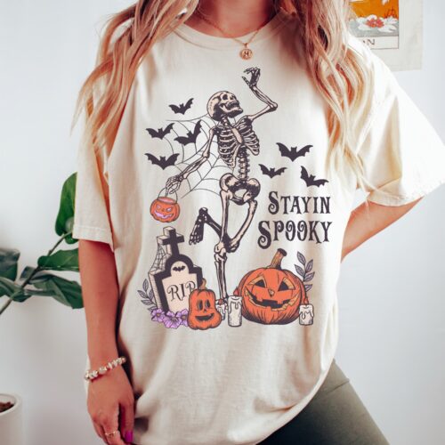 Stayin Spooky Halloween Shirt Skeleton Tee Witch Trick or Treat Fall T-Shirt image 0