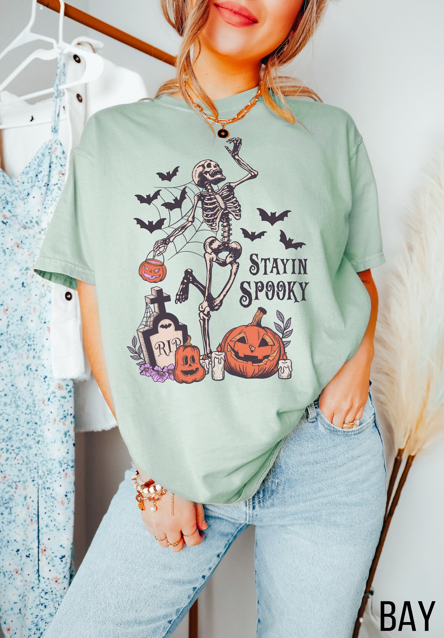 Stayin Spooky Halloween Shirt Skeleton Tee Witch Trick or Treat Fall T-Shirt image 2