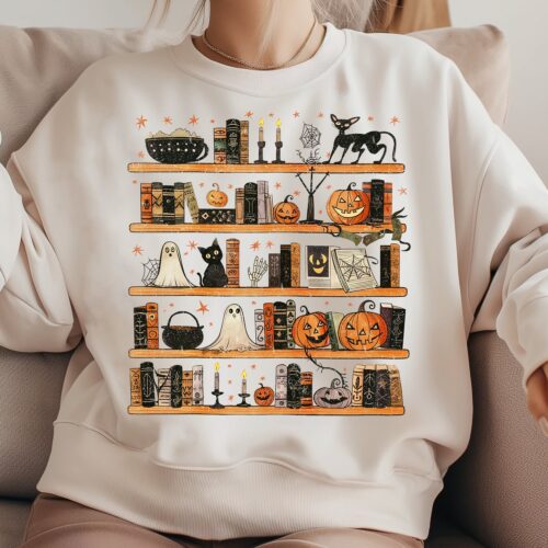 Halloween Library Ghost Books Shirt | Halloween Reading Bookcase Tee| Book Club Shirt image 0