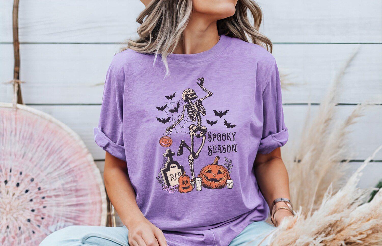 Skeleton Halloween Shirt Spooky Season Dancing Skeleton Retro Fall Graphic Tee image 4