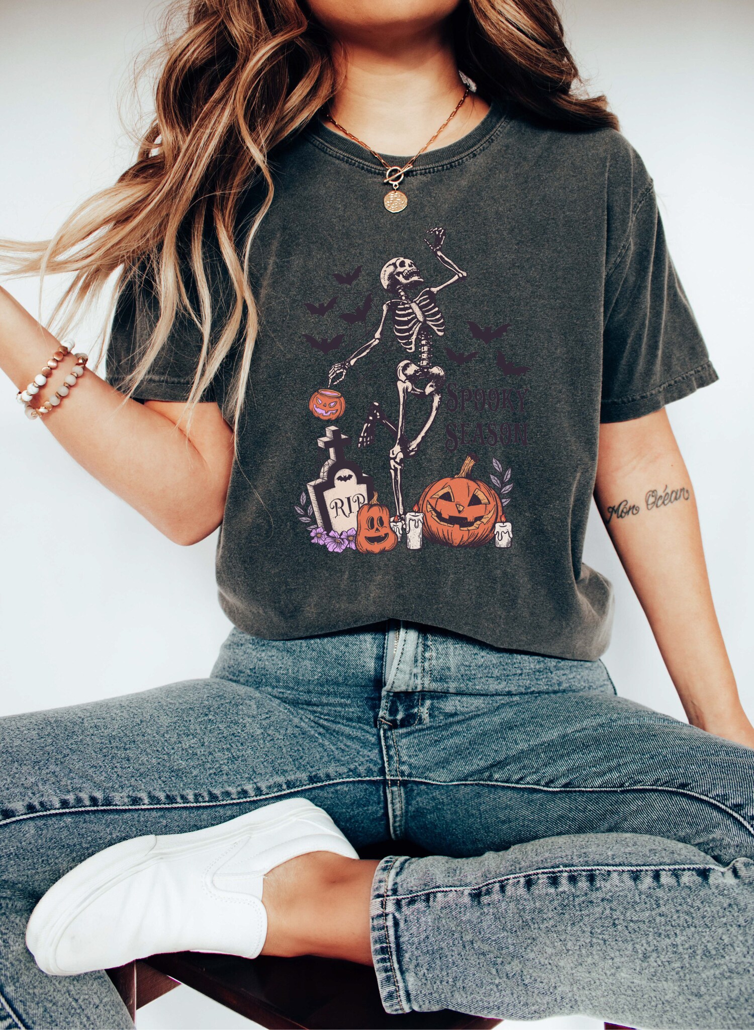 Skeleton Halloween Shirt Spooky Season Dancing Skeleton Retro Fall Graphic Tee image 2