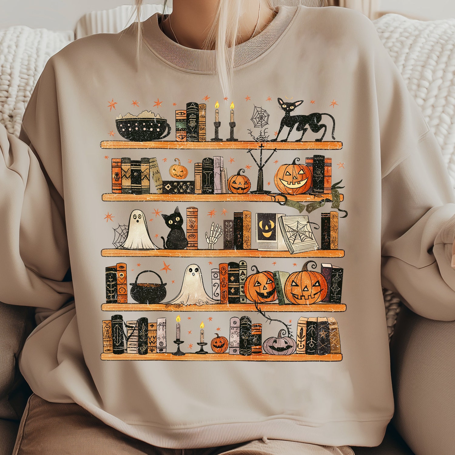 Halloween Library Ghost Books Shirt | Halloween Reading Bookcase Tee| Book Club Shirt image 2