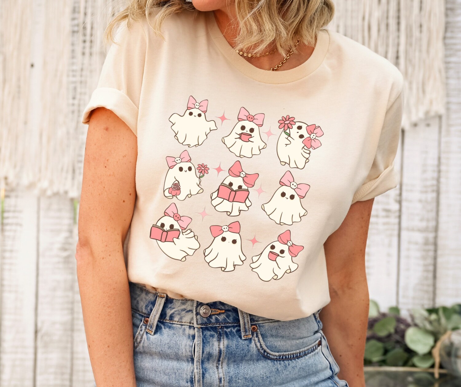 Pink Cute Ghost Coquette Bow Halloween Shirt Halloween Ghosts Tshirt Cute Ghost Sweater Gift image 0