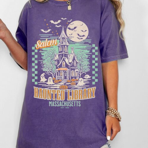 Bookish Halloween Shirt Haunted Library Tee Comfort Colors Tshirt Book Lover Gift Spooky Fall Apparel image 0