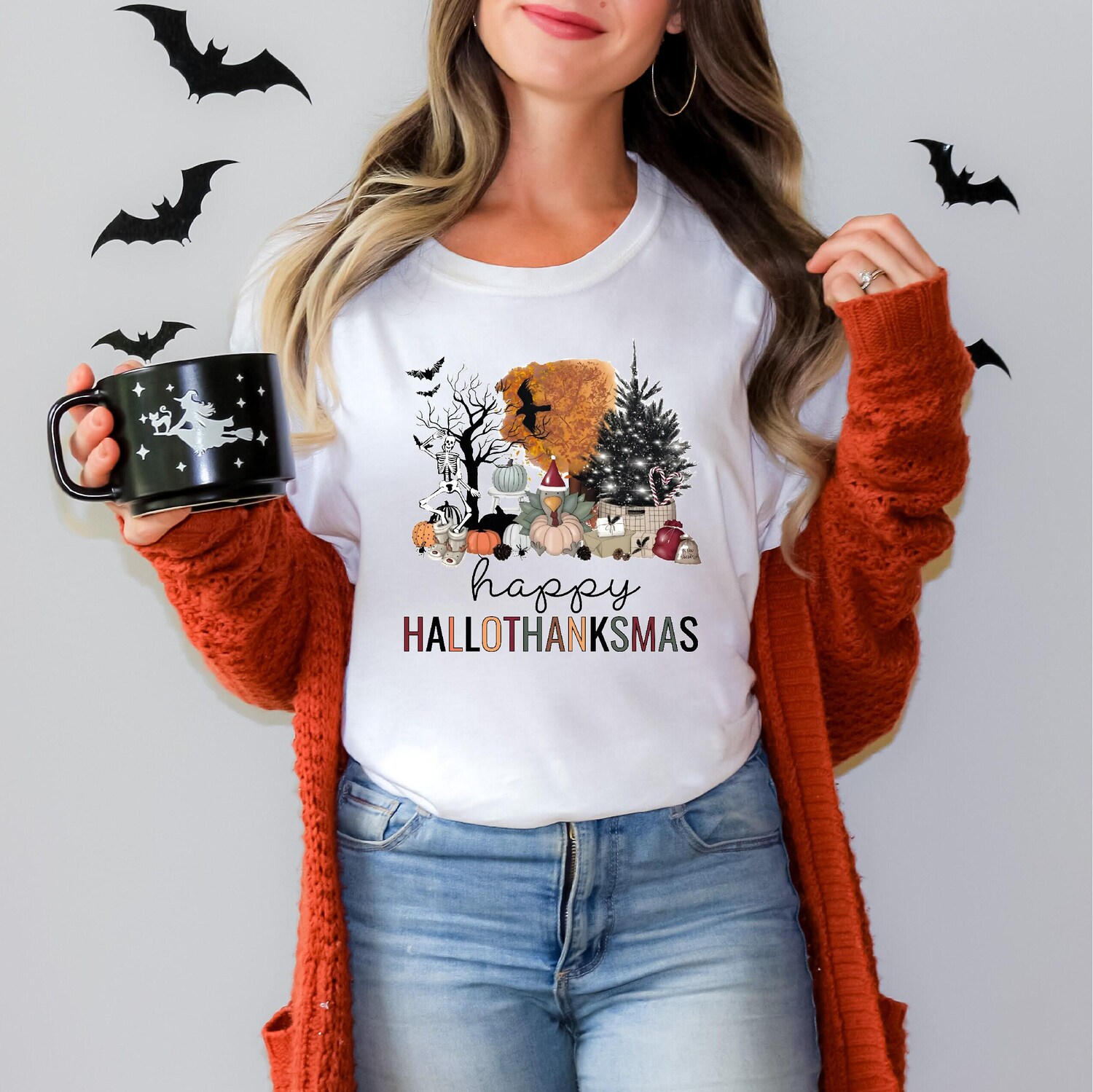 Happy Hallothanksmas Shirt - Funny Halloween Thanksgiving Christmas Holiday Season Tee image 1