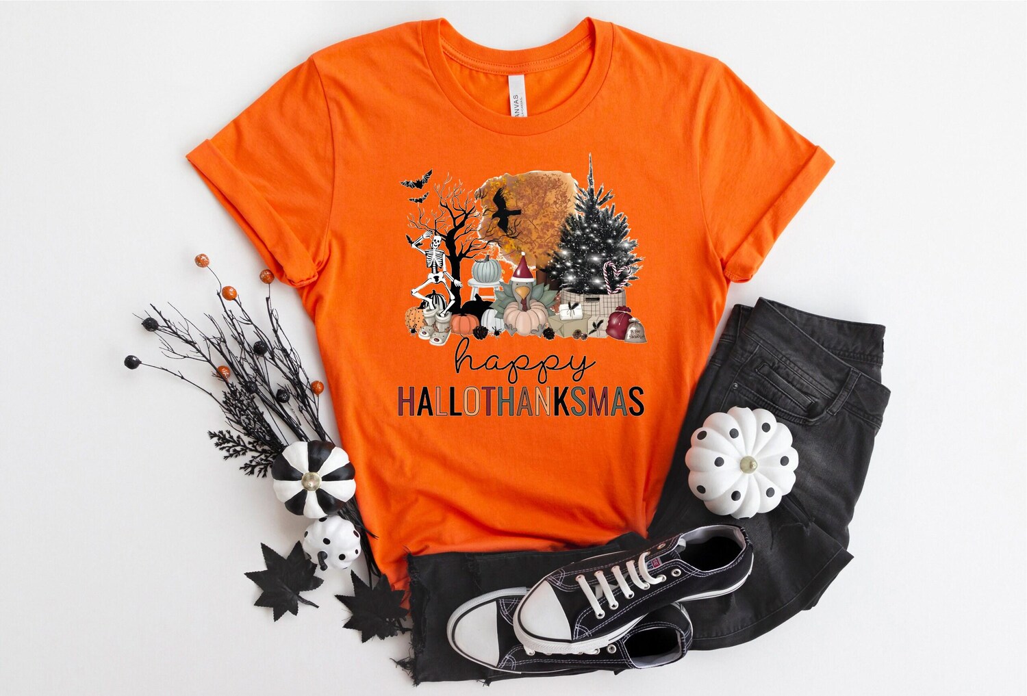 Happy Hallothanksmas Shirt - Funny Halloween Thanksgiving Christmas Holiday Season Tee image 5