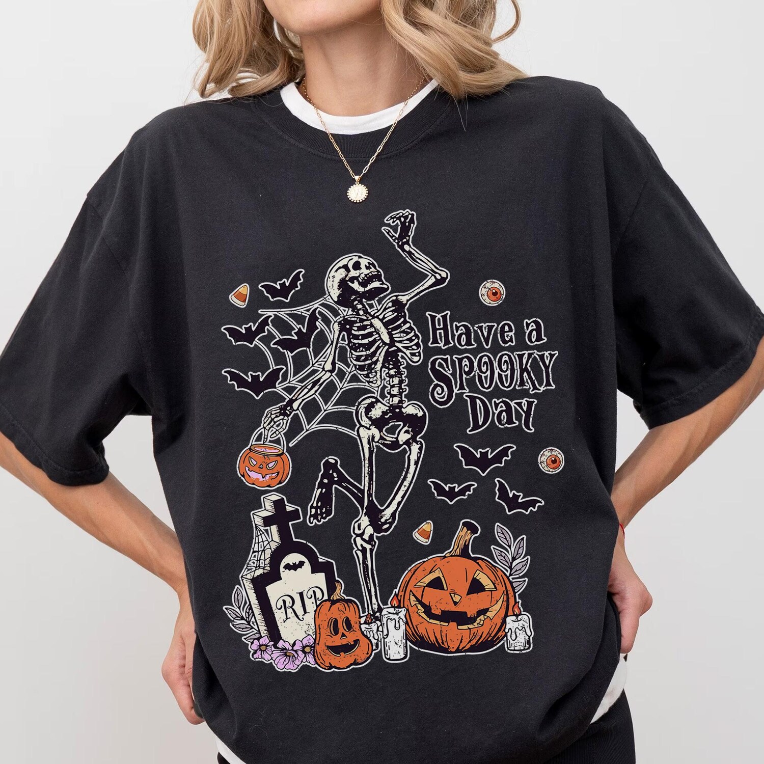 Spooky Day Skeleton Shirt | Retro Halloween Tee | Funny Fall Women's Skel Shirt | Spooky Season image 1