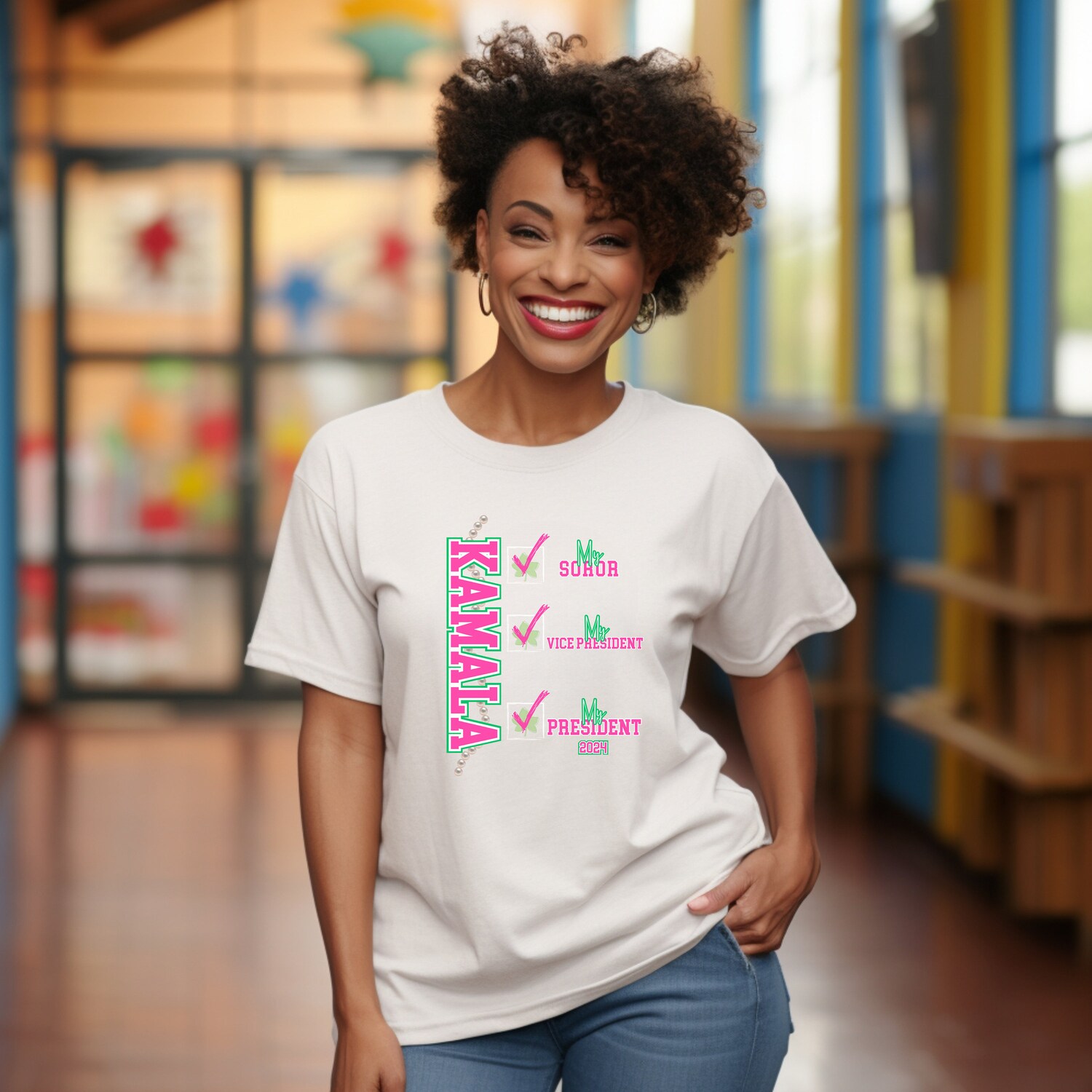 Kamala Harris 2024 President Shirt | Pink Green AKA Soror | Kamala My Soror My President Tee image 1