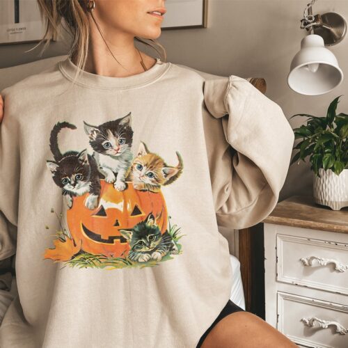 Vintage 90s Cat Halloween Sweater Retro Pumpkin Shirt Spooky Season Vintage Halloween image 0