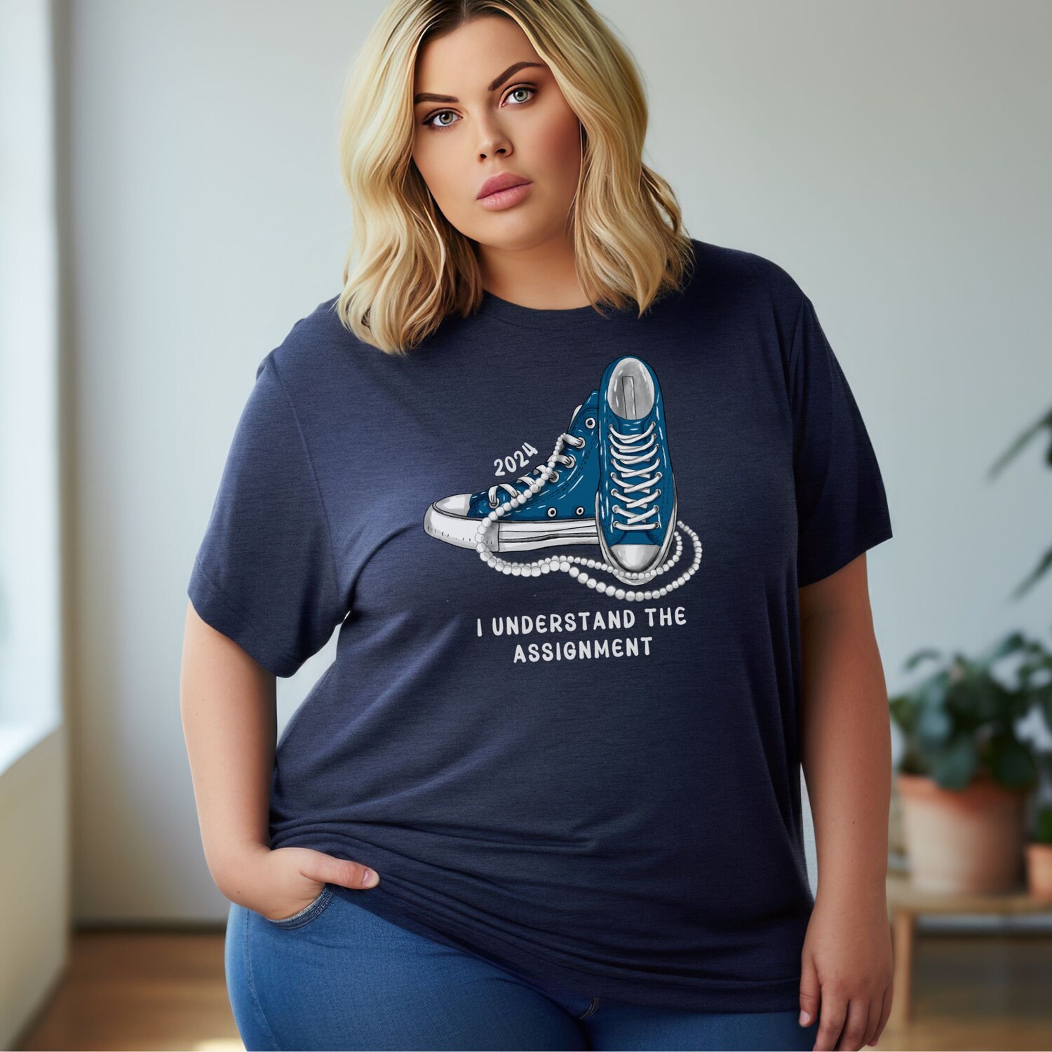 I Understand The Assignment Vote Blue Rally Shirt Kamala Harris Sneakers and Pearls Save Democracy Plus Size 2024 Activist Tshirt image 3