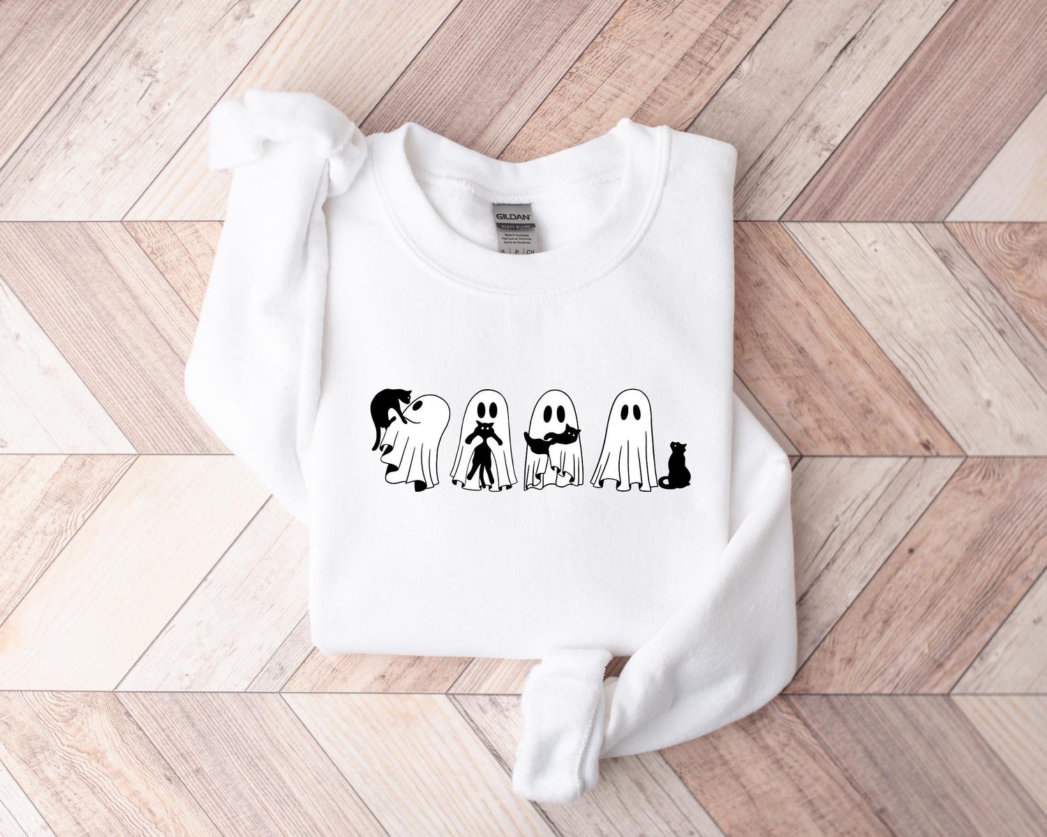 Cute Ghost Black Cats Halloween Shirt Spooky Cat Lover Sweatshirt Halloween Gift for Cat Lovers image 4