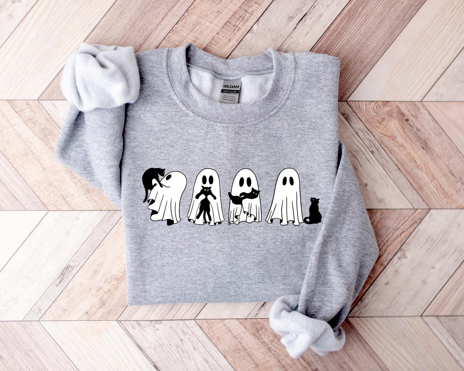 Cute Ghost Black Cats Halloween Shirt Spooky Cat Lover Sweatshirt Halloween Gift for Cat Lovers image 3