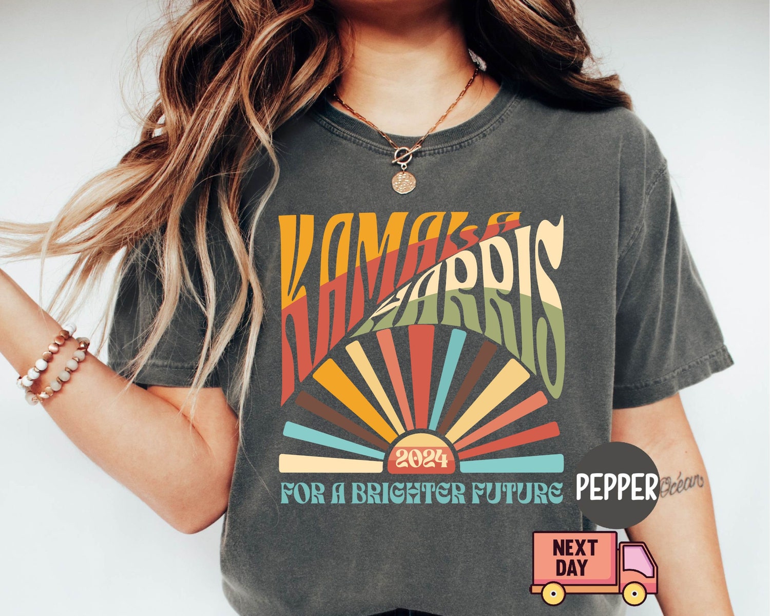 Kamala Harris 2024 Boho Aesthetic Retro Tee | Election 2024 LGBTQIA Rainbow Vote Democrat Shirt image 2