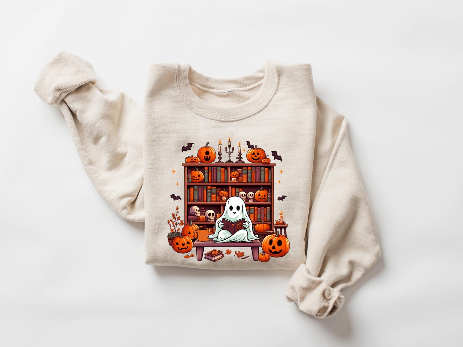 Ghost Reading Books Sweatshirt - Halloween Librarian Ghost Teacher Gift Boo School Shirt image 1