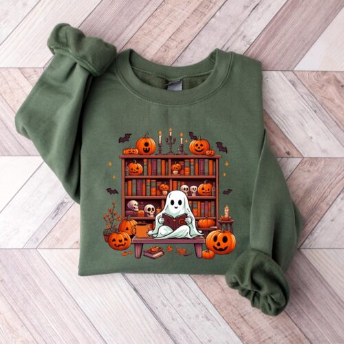 Ghost Reading Books Sweatshirt - Halloween Librarian Ghost Teacher Gift Boo School Shirt image 0