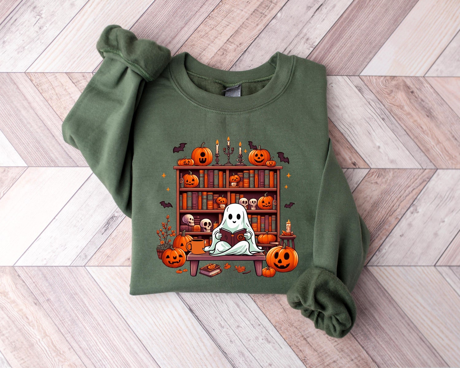 Ghost Reading Books Sweatshirt - Halloween Librarian Ghost Teacher Gift Boo School Shirt image 0