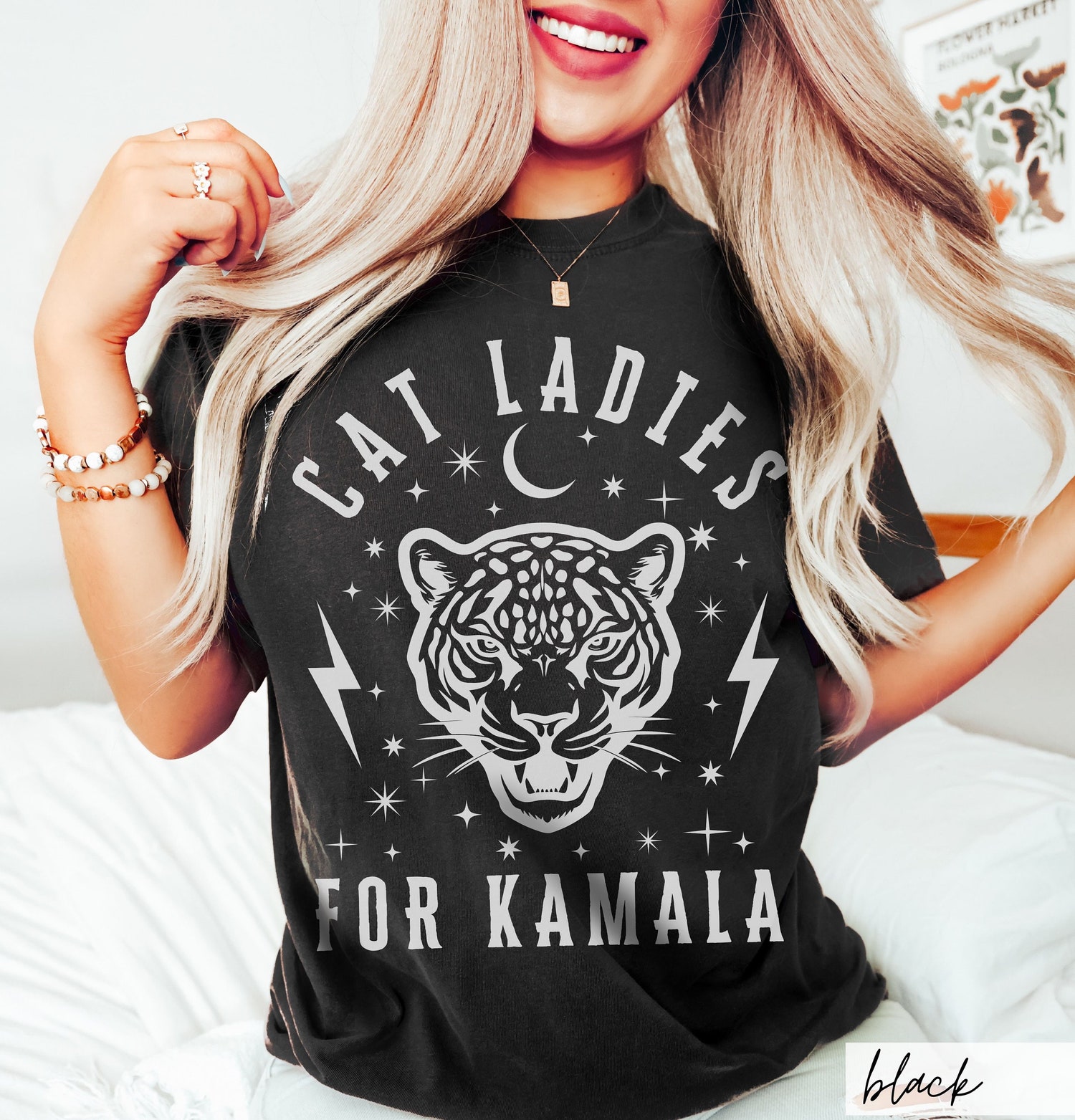 Kamala Harris 2024 Election T-Shirt Celestial Jaguar Lightning Bolts Cat Ladies Voting Shirt image 6