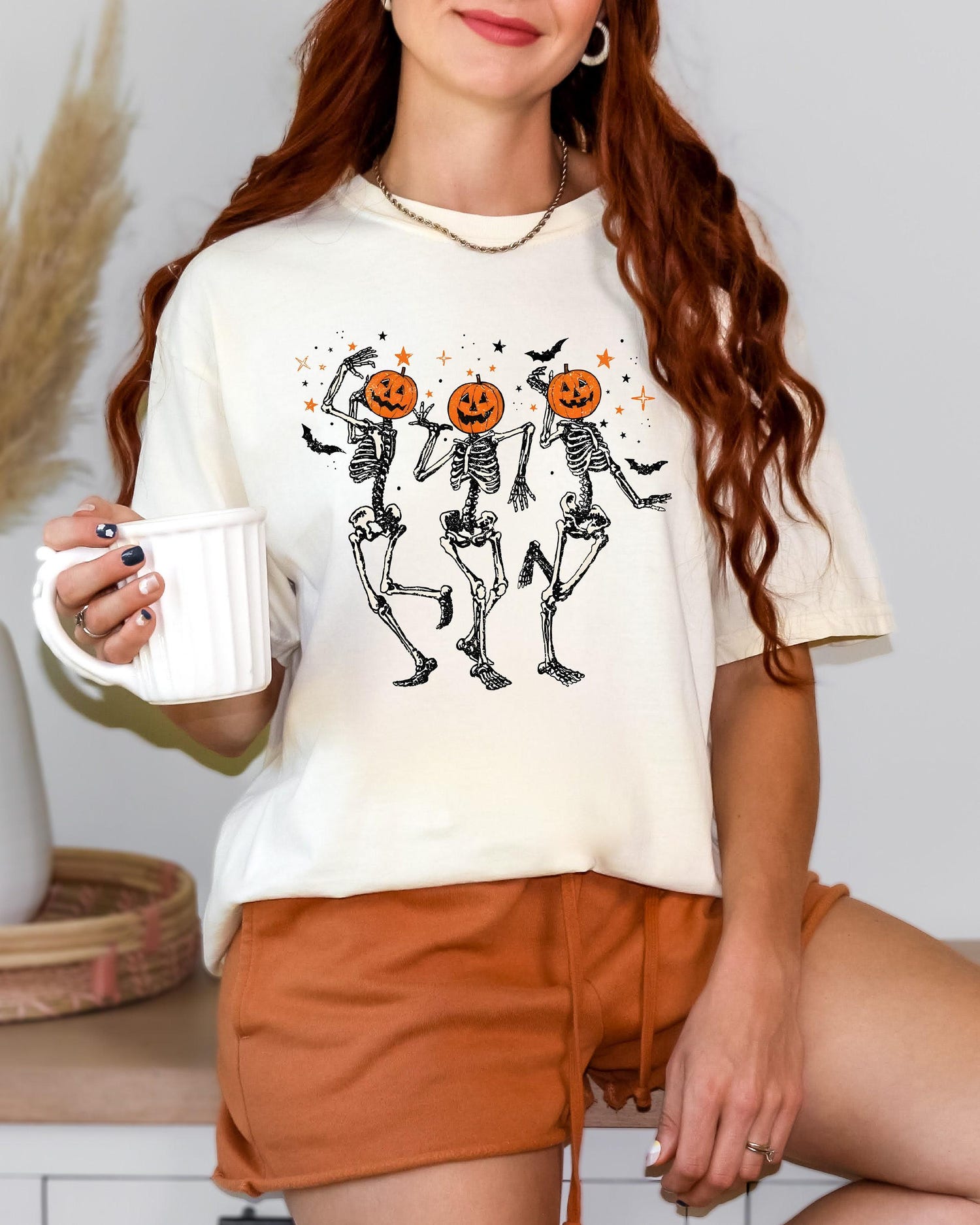 Comfort Colors Dancing Skeleton Pumpkin Shirt - Retro Halloween Tee for Women - Funny Fall Party Top image 1