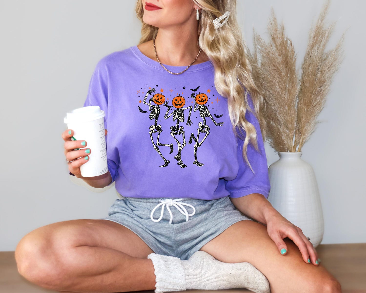 Comfort Colors Dancing Skeleton Pumpkin Shirt - Retro Halloween Tee for Women - Funny Fall Party Top image 5