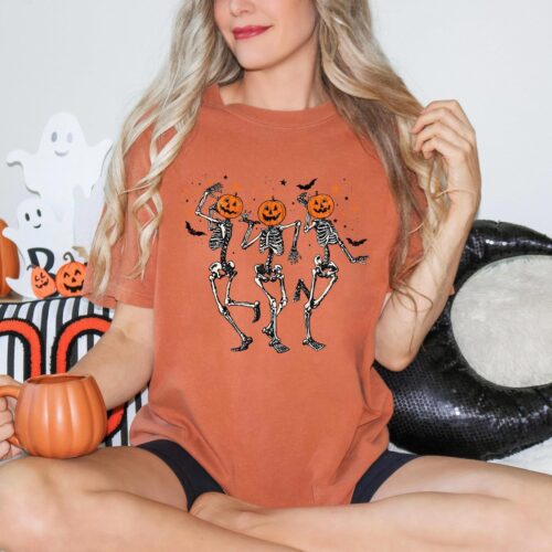 Comfort Colors Dancing Skeleton Pumpkin Shirt - Retro Halloween Tee for Women - Funny Fall Party Top image 0