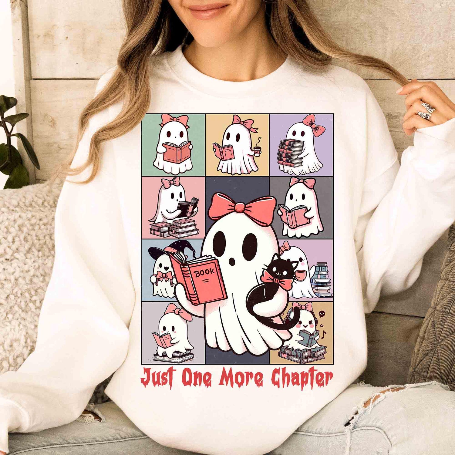 Just One More Chapter Halloween Ghost Reading Book Shirt | Cute Funny Book Lover Librarian Spooky Season image 3