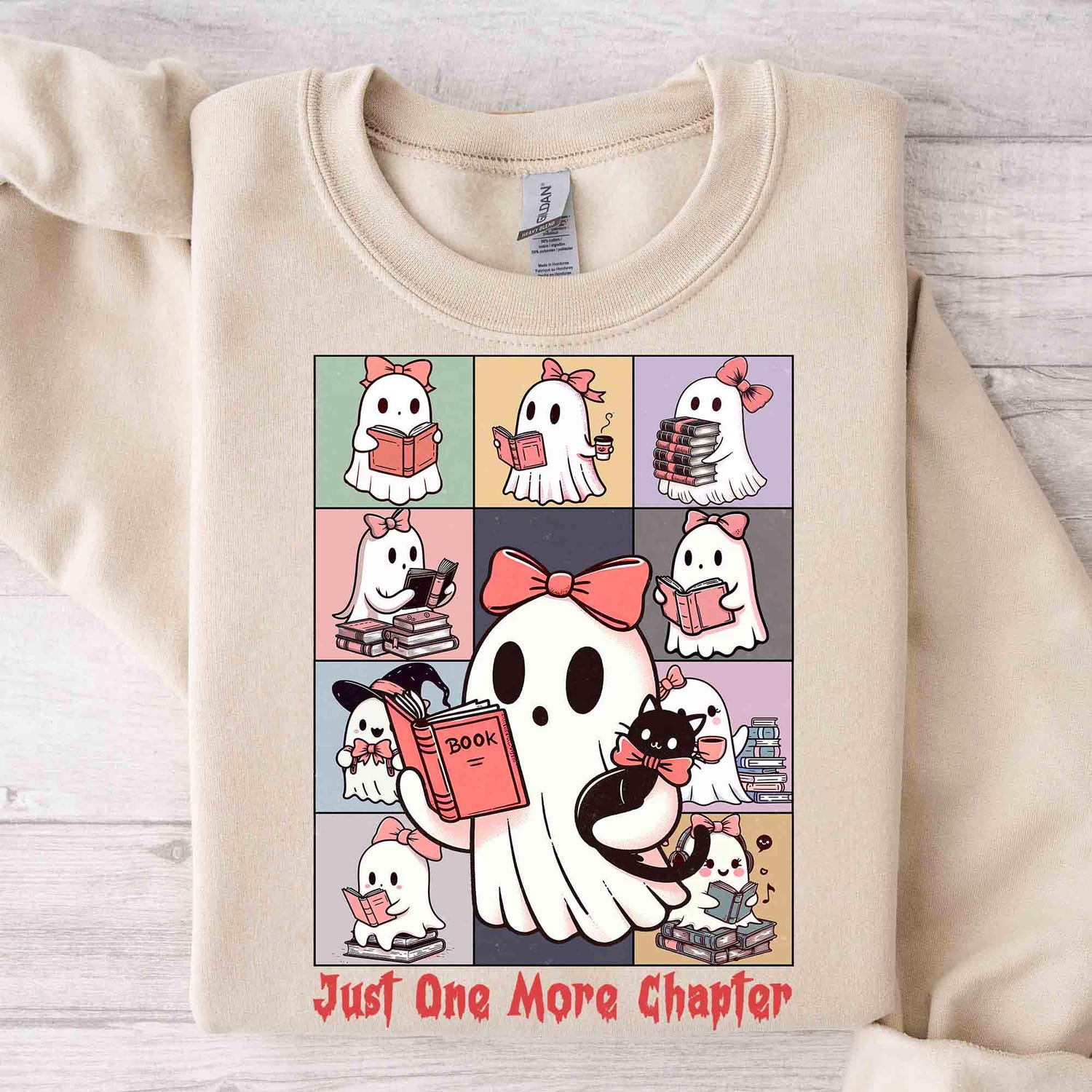 Just One More Chapter Halloween Ghost Reading Book Shirt | Cute Funny Book Lover Librarian Spooky Season image 2