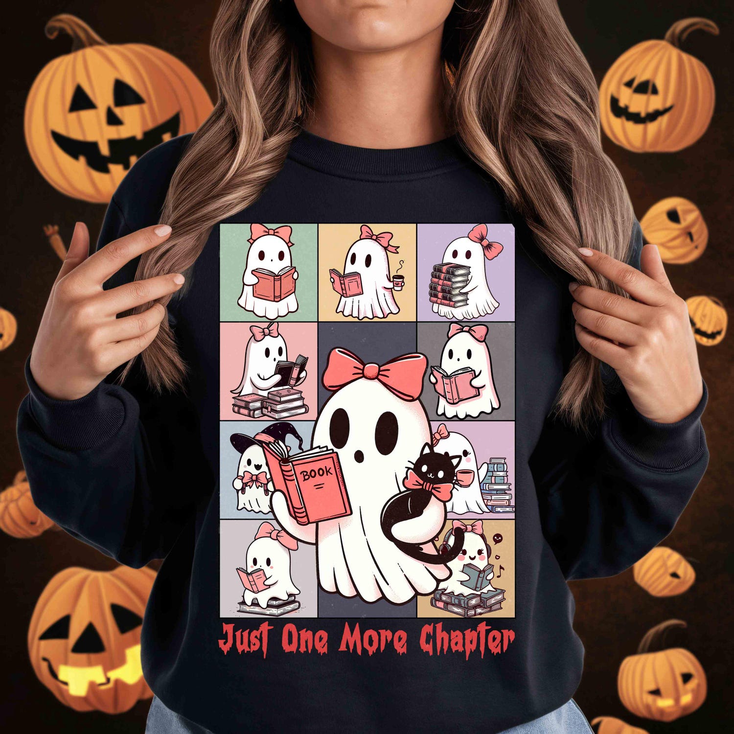 Just One More Chapter Halloween Ghost Reading Book Shirt | Cute Funny Book Lover Librarian Spooky Season image 1