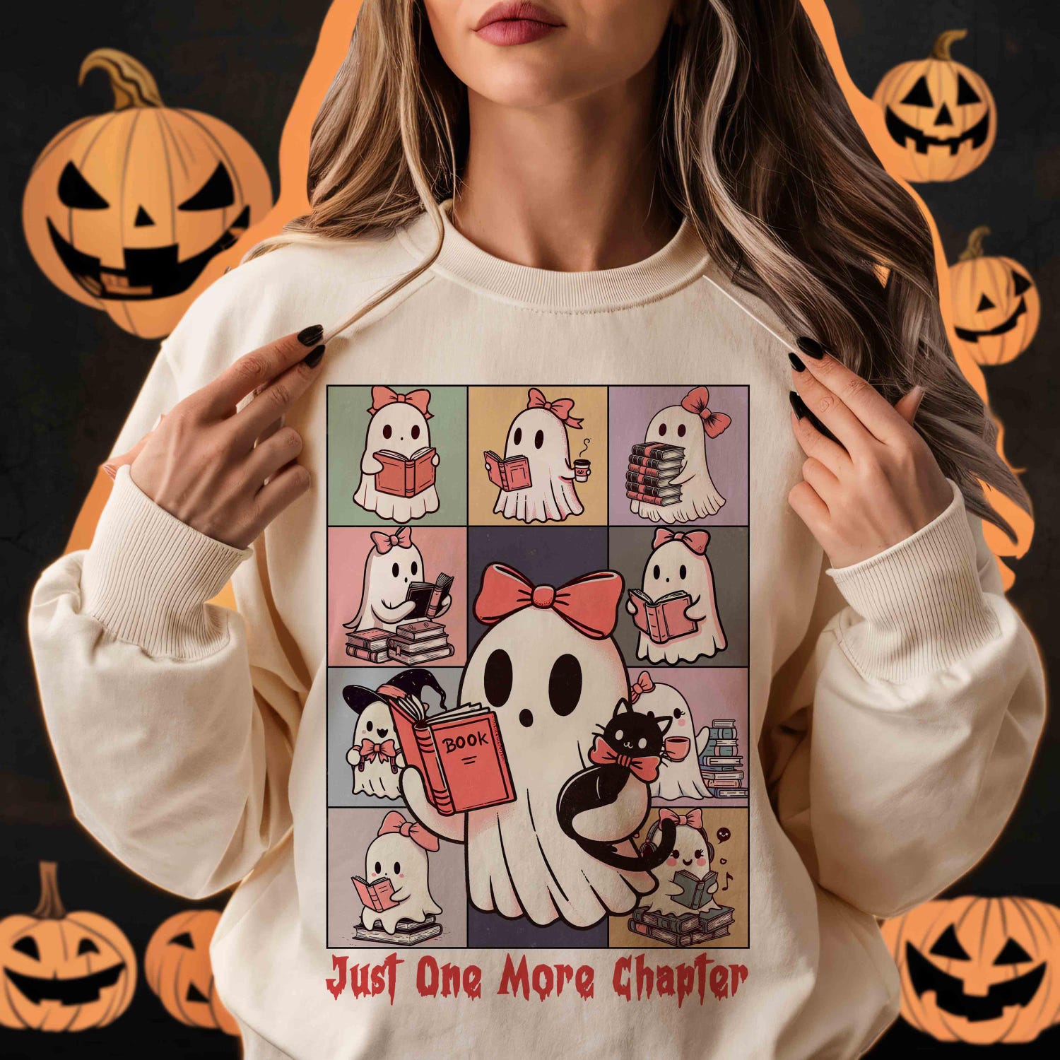 Just One More Chapter Halloween Ghost Reading Book Shirt | Cute Funny Book Lover Librarian Spooky Season image 4