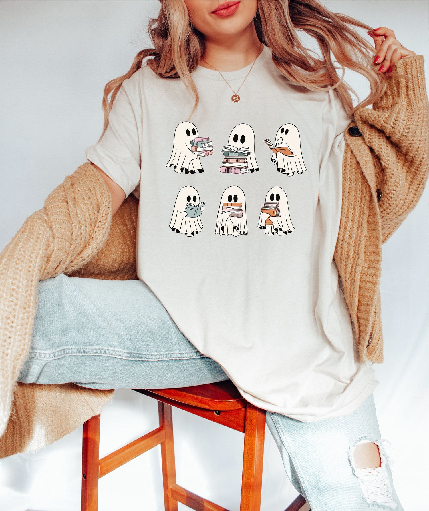 Cutest Halloween Reading Ghost Shirt for Librarians and Book Lovers - Perfect Halloween Gift image 0