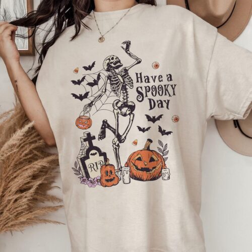 Spooky Day Skeleton Shirt | Retro Halloween Tee | Funny Fall Women's Skel Shirt | Spooky Season image 0