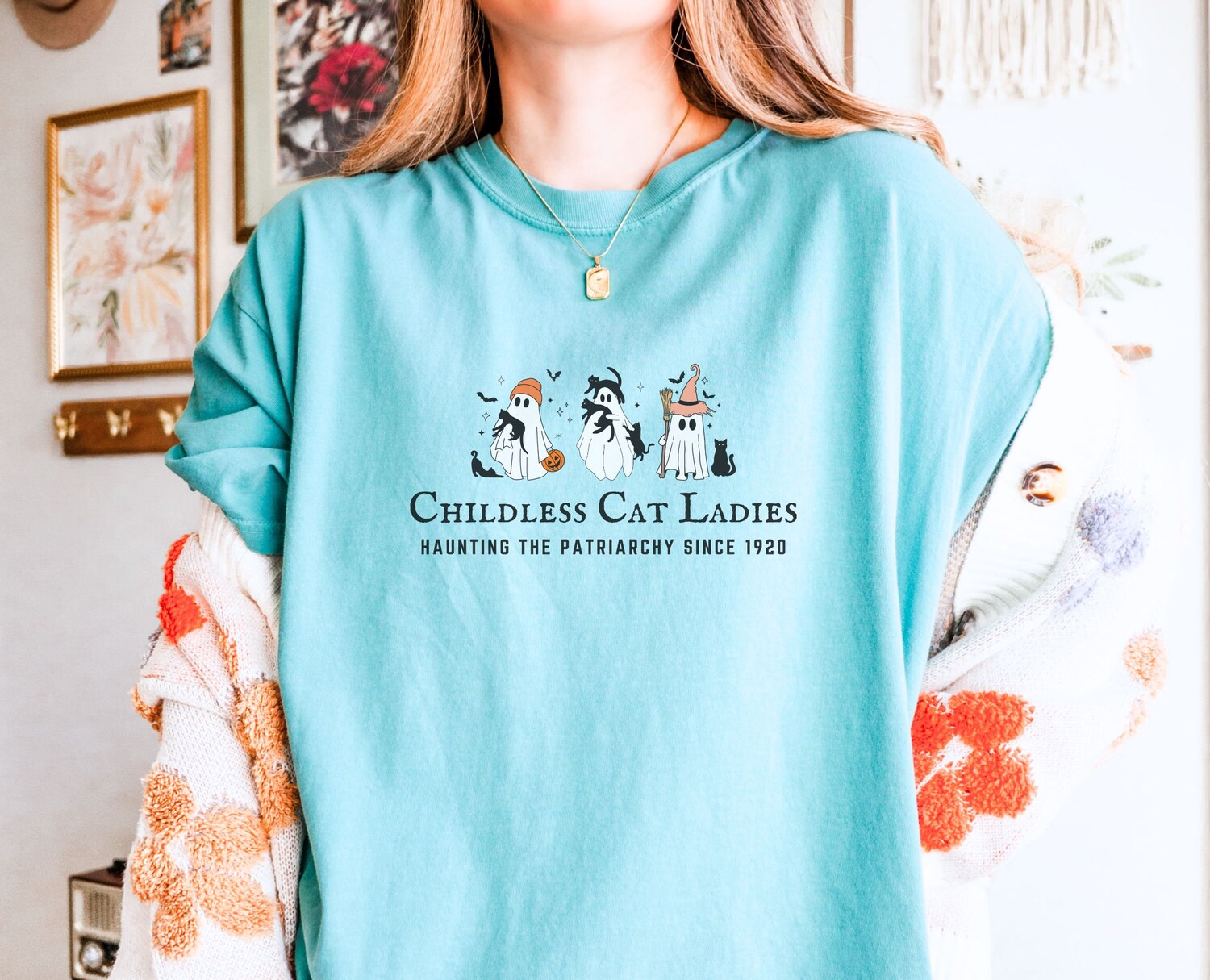 Halloween Cat Lady Comfort Colors Shirt - Cute Ghosts Feminist Spooky Election 2024 Top image 1