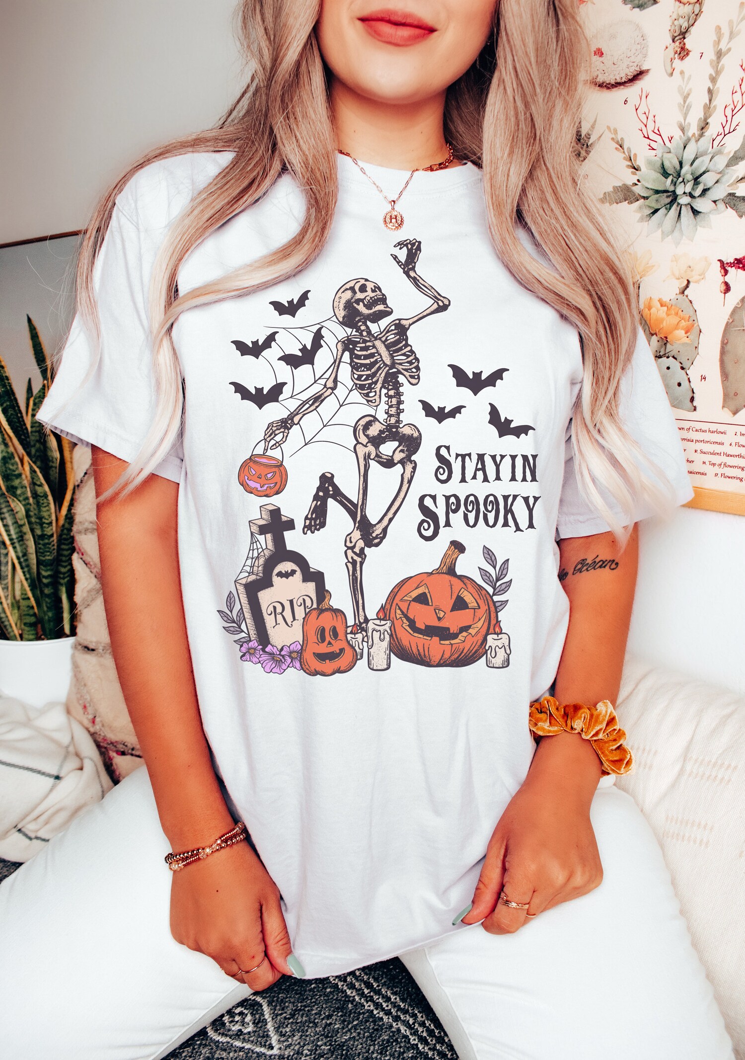 Stayin Spooky Halloween Shirt Skeleton Tee Witch Trick or Treat Fall T-Shirt image 1