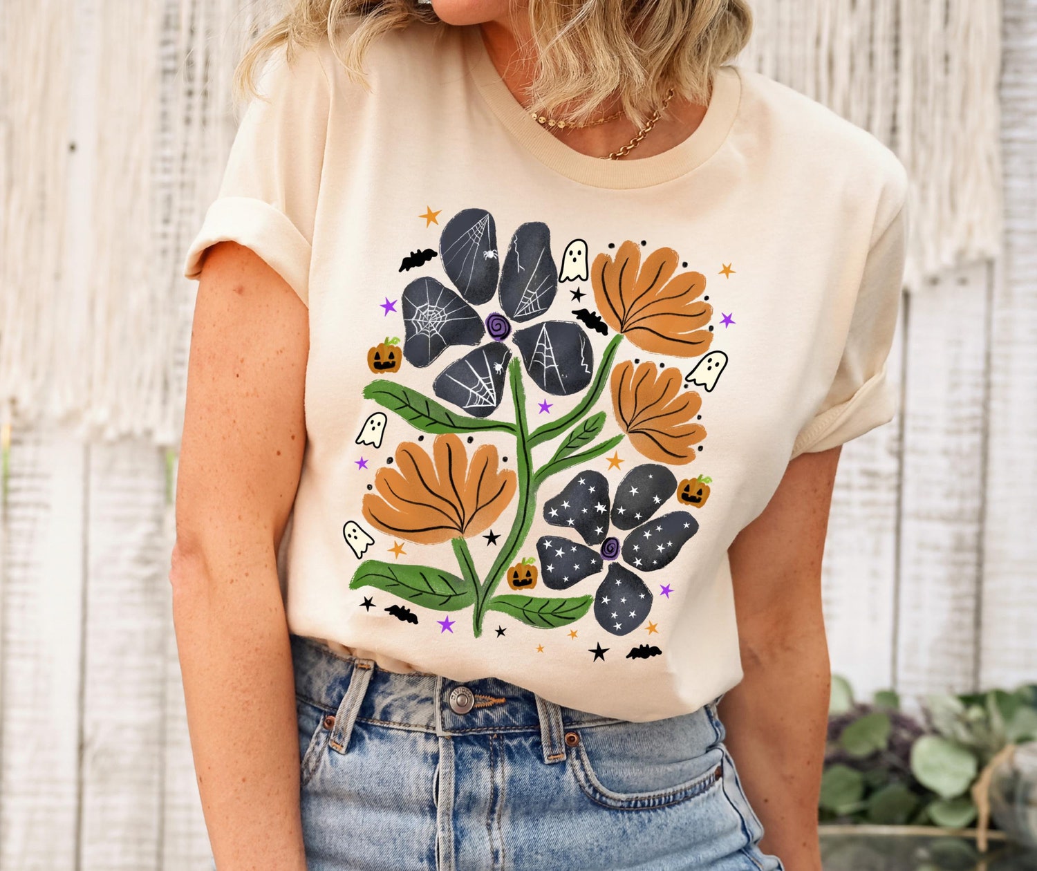 Retro Boho Flower Halloween Shirt Fall Ghost Sweatshirt Halloween Gift Tee image 0
