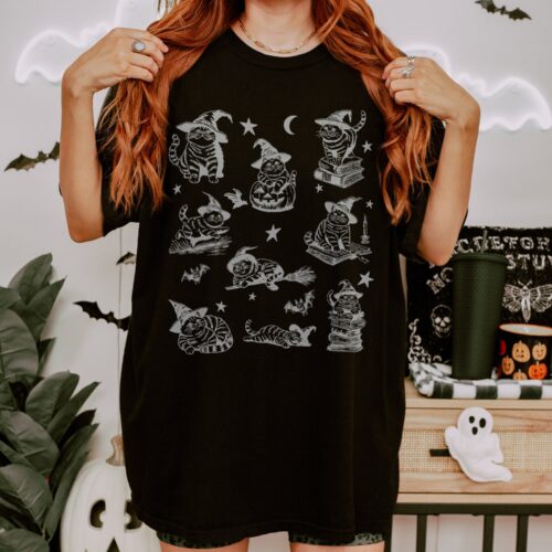 Retro 90s Cat Witch Halloween Shirt - Funny Vintage Witch Cat Tee for Halloween Cat Lovers - Unisex Comfort Colors T-Shirt image 0