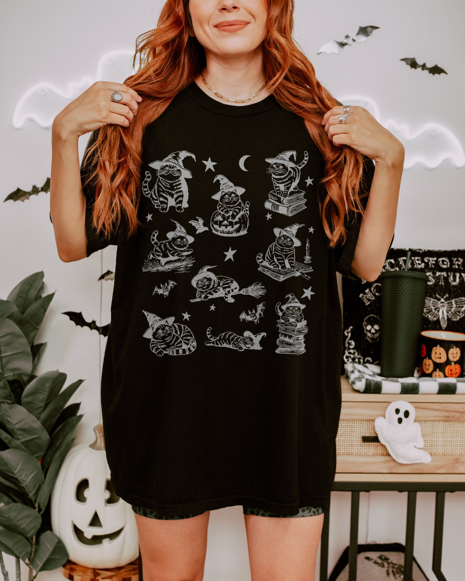 Retro 90s Cat Witch Halloween Shirt - Funny Vintage Witch Cat Tee for Halloween Cat Lovers - Unisex Comfort Colors T-Shirt image 0