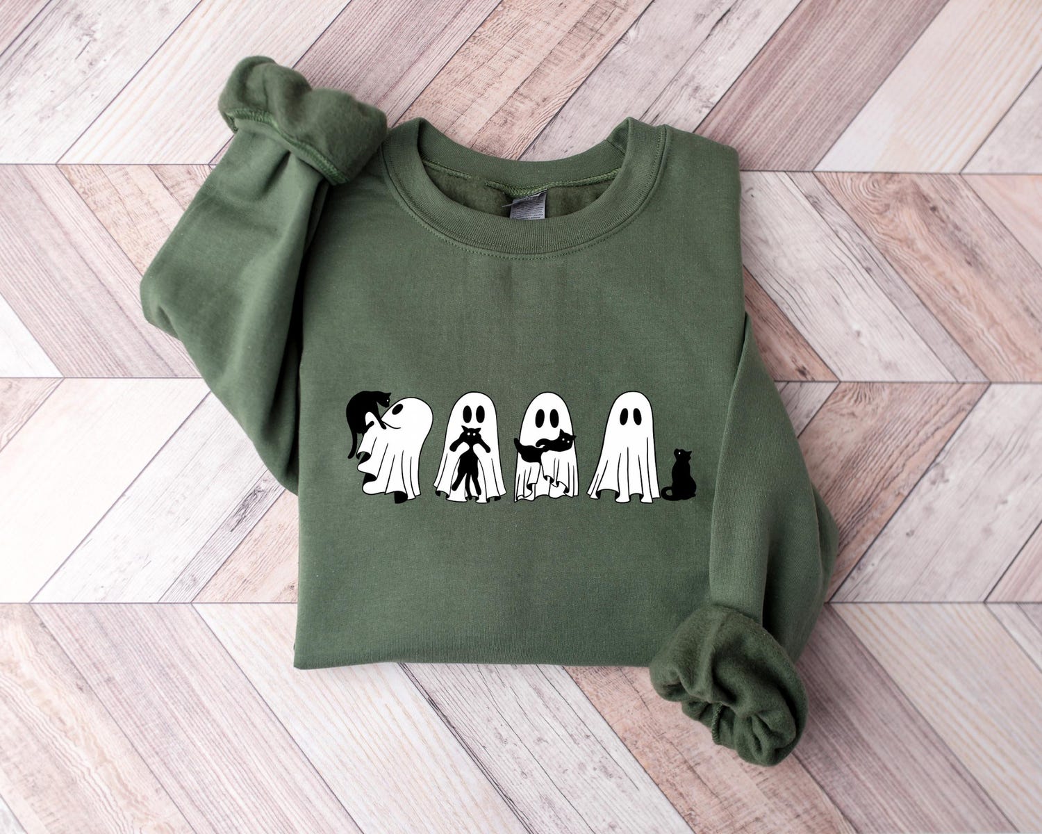 Cute Ghost Black Cats Halloween Shirt Spooky Cat Lover Sweatshirt Halloween Gift for Cat Lovers image 2