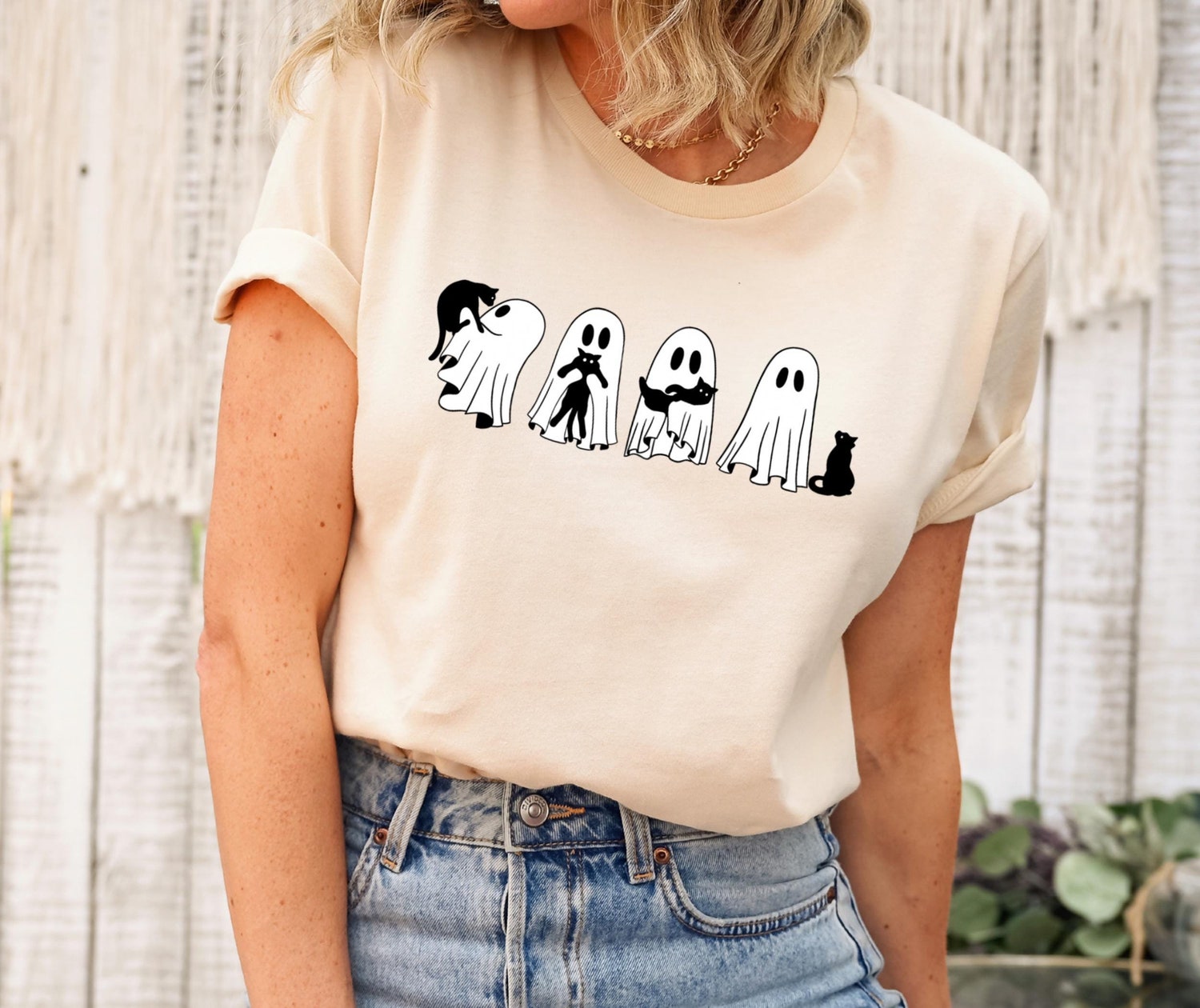 Cute Ghost Black Cats Halloween Shirt Spooky Cat Lover Sweatshirt Halloween Gift for Cat Lovers image 0