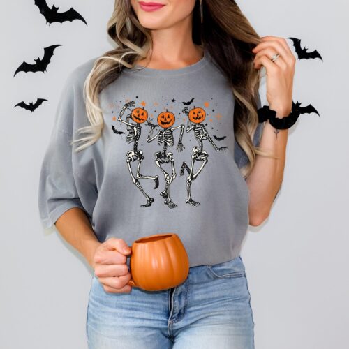 Comfort Colors Dancing Skeleton Pumpkin Shirt Retro Halloween Women's T-Shirt Funny Fall Party Tee image 0