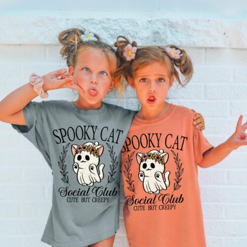 Kids Retro Halloween Cat Ghosts T-Shirt - Infant Toddler Youth & Adult Sizes - Comfort Colors image 0