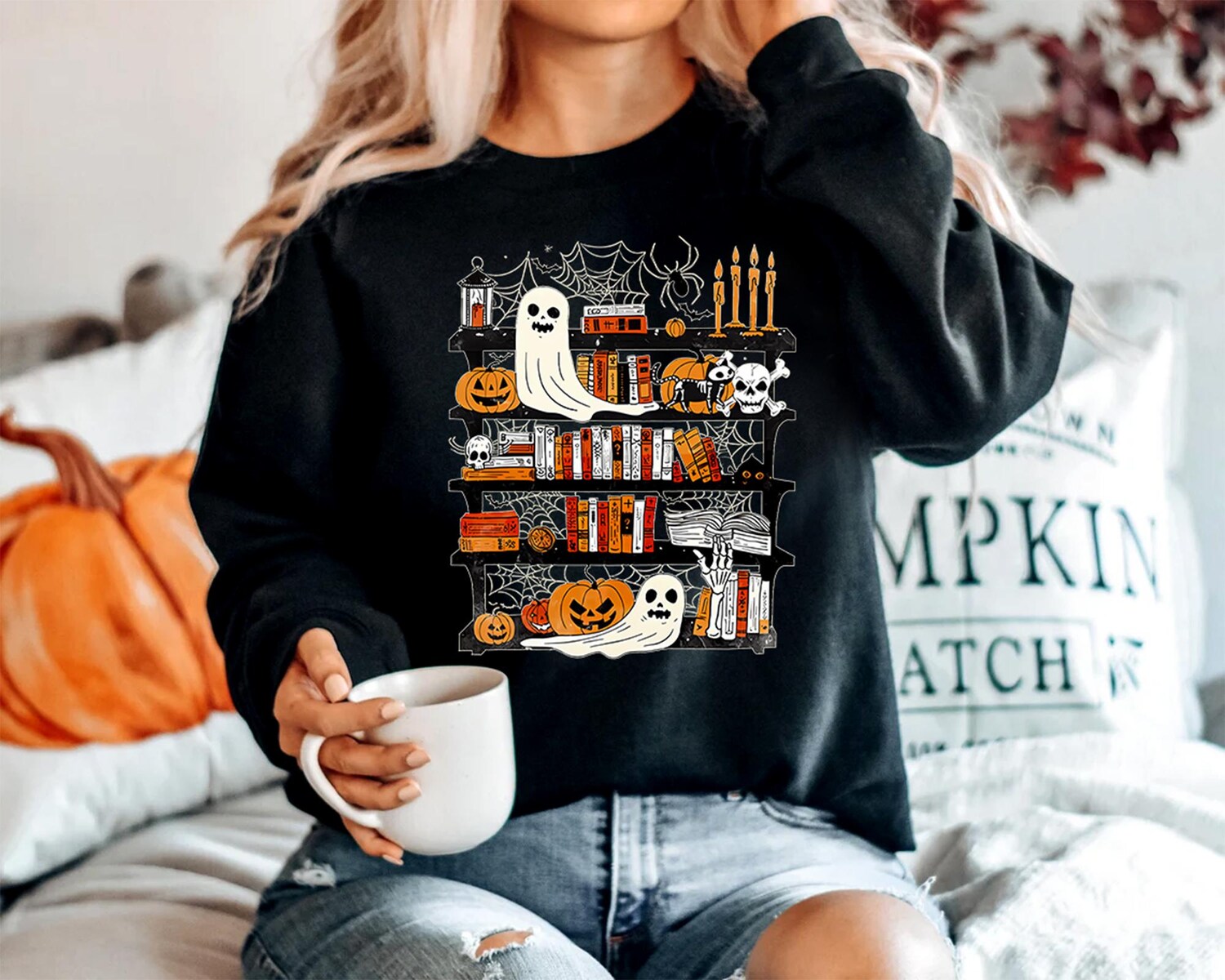 Ghost Book Reader Sweatshirt - Halloween Reading Enthusiast Gift for Literature Lovers image 2