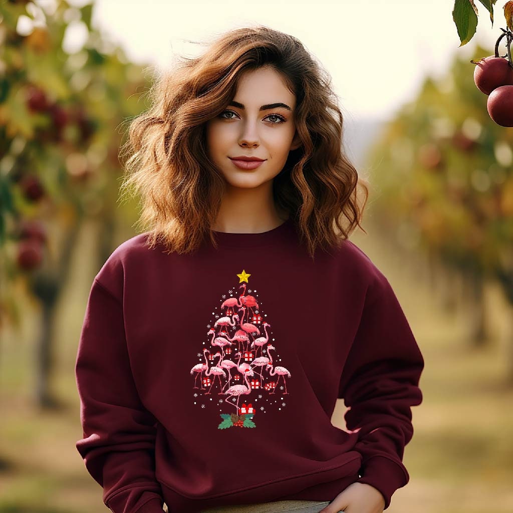 Flamingo Christmas Tree Sweatshirt - Funny Holiday Shirt - Merry Christmas Gift Tee image 1