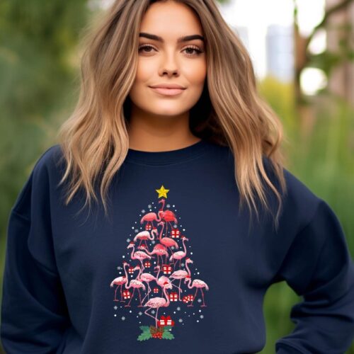 Flamingo Christmas Tree Sweatshirt - Funny Holiday Shirt - Merry Christmas Gift Tee image 0